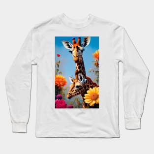 Colorful Floral Giraffe Flower Artwork Long Sleeve T-Shirt